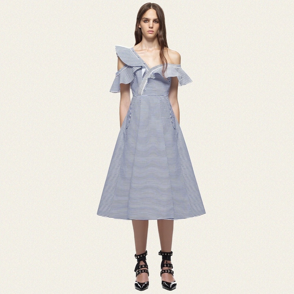 Self-Portrait Striped Shirting Frill Dress - Picture 3 of 10